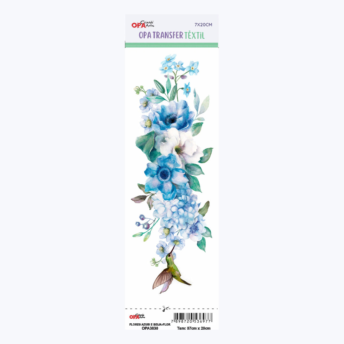 Transfer Têxtil Flores Azuis e Beija-flor 7x20cm para Personalização de Tecidos 3830 - Opa