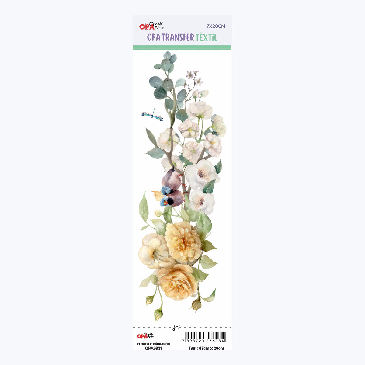 Transfer Têxtil Flores e Pássaros 7x20cm para Personalização de Tecidos 3831 - Opa