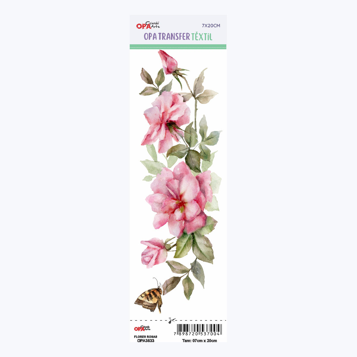 Transfer Têxtil Flores Rosas 7x20cm para Personalização de Tecidos 3833 - Opa