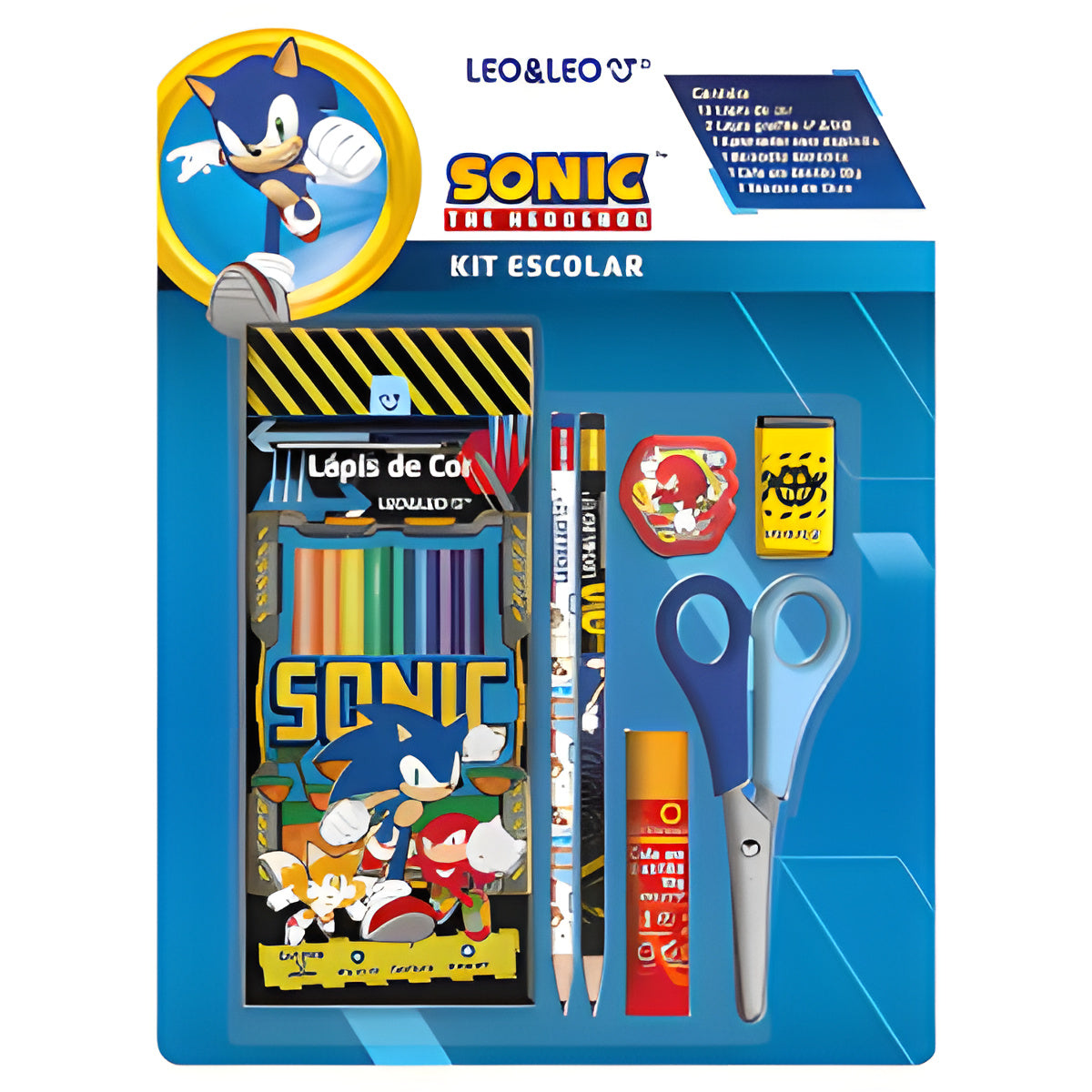Kit Escolar Sonic 18 Itens com Lápis de Cor 12 Cores - Leo & Leo
