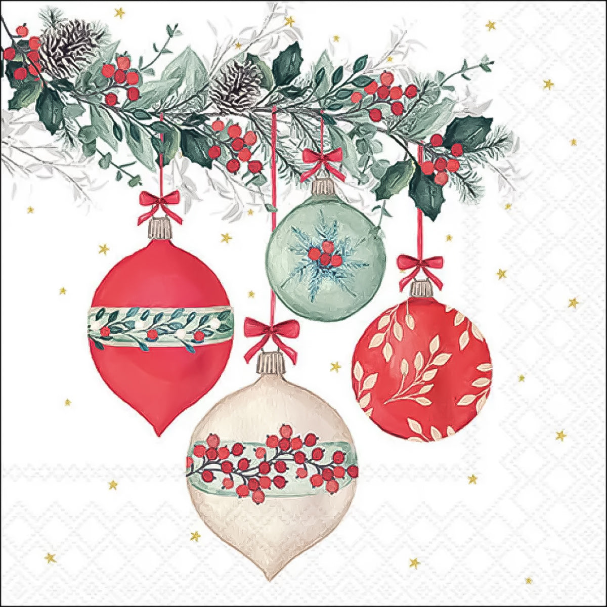 Guardanapo para Decoupage Ambiente 33x33cm com 20 Unidades - Bolas de Natal com Bagas Brancas