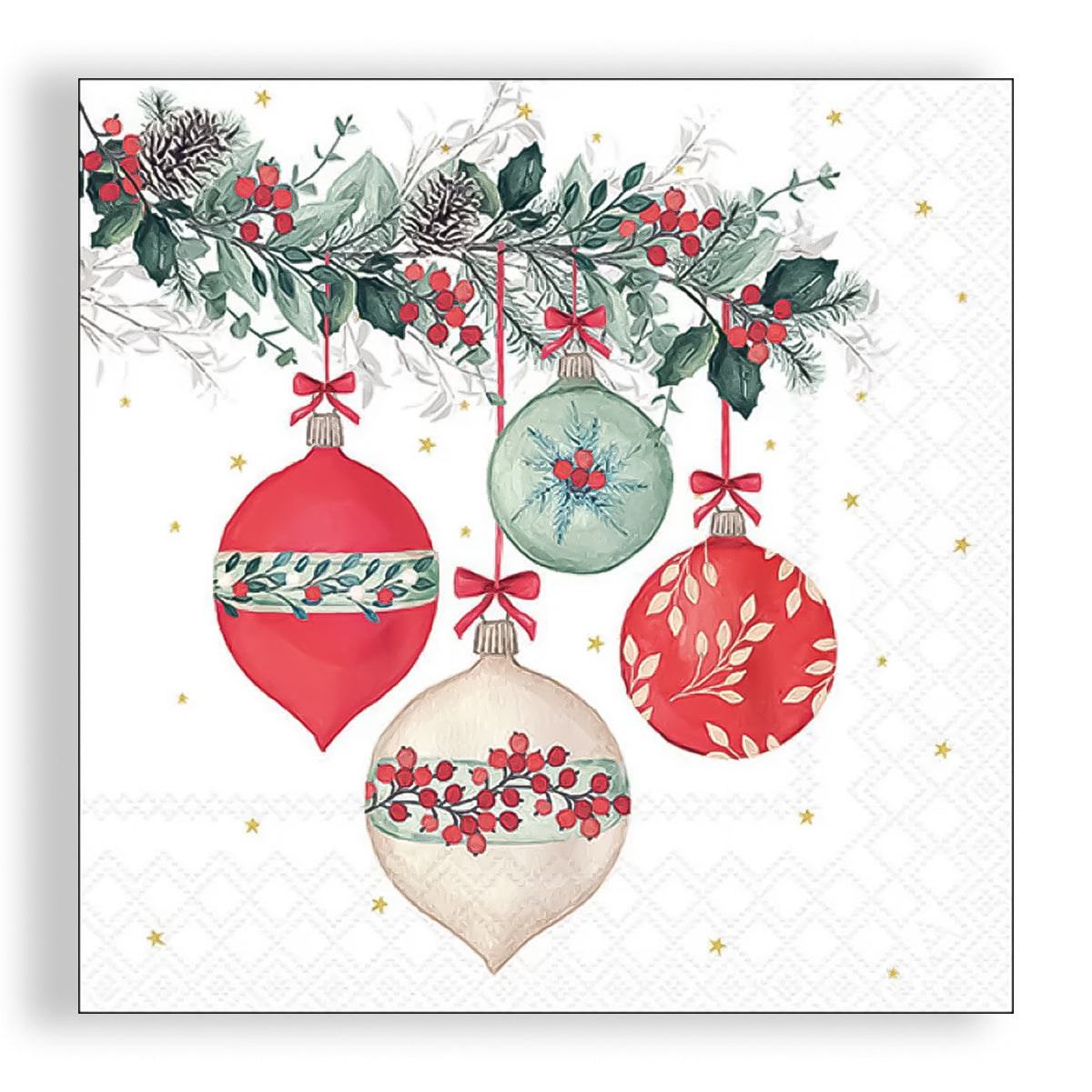 Guardanapo para Decoupage Ambiente 33x33cm com 20 Unidades - Bolas de Natal com Bagas Brancas
