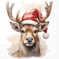 Guardanapo para Decoupage Ambiente 33x33cm com 2 Unidades - Natal Cervo com Gorro de Papai Noel Branco