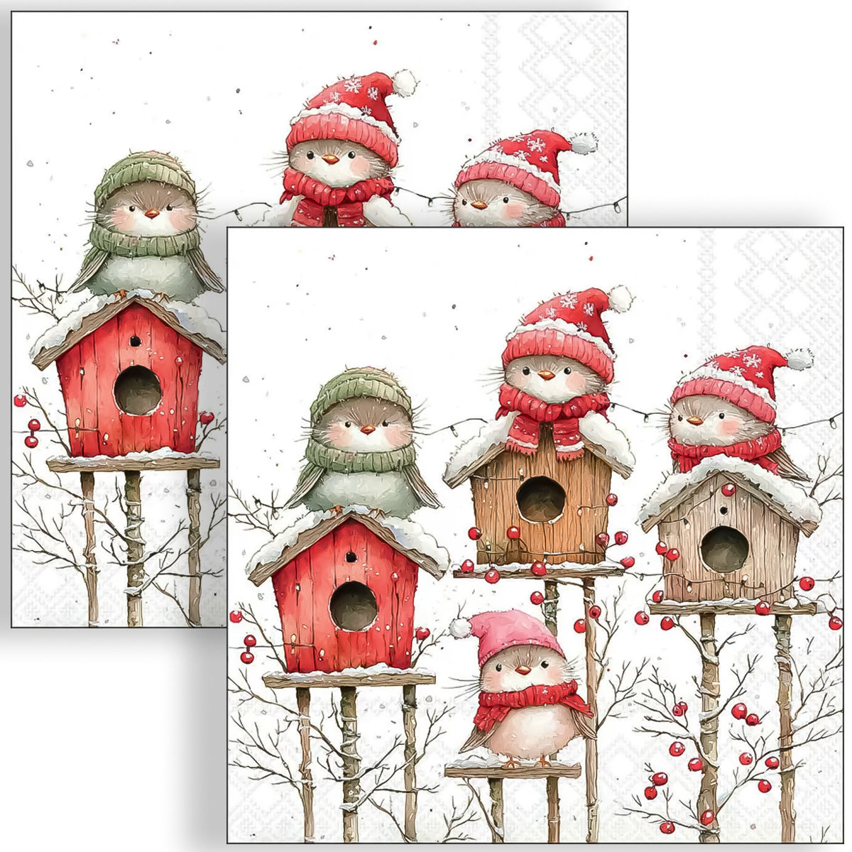 Guardanapo para Decoupage Ambiente 33x33cm com 20 Unidades - Natal Quarteto de Casinhas de Passarinho Branco
