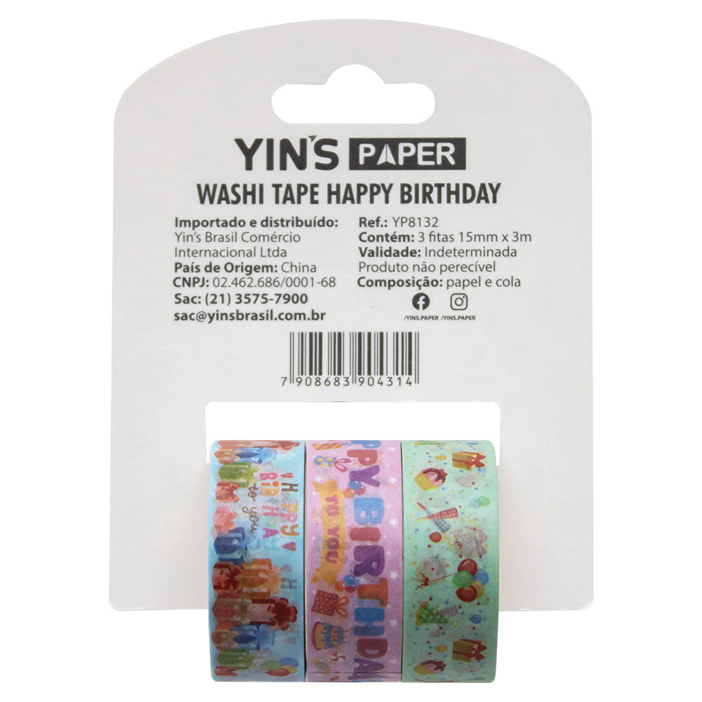 Fita Adesiva Decorativa Yins Paper 15mmx3m com 03 Unid - Happy Birthday