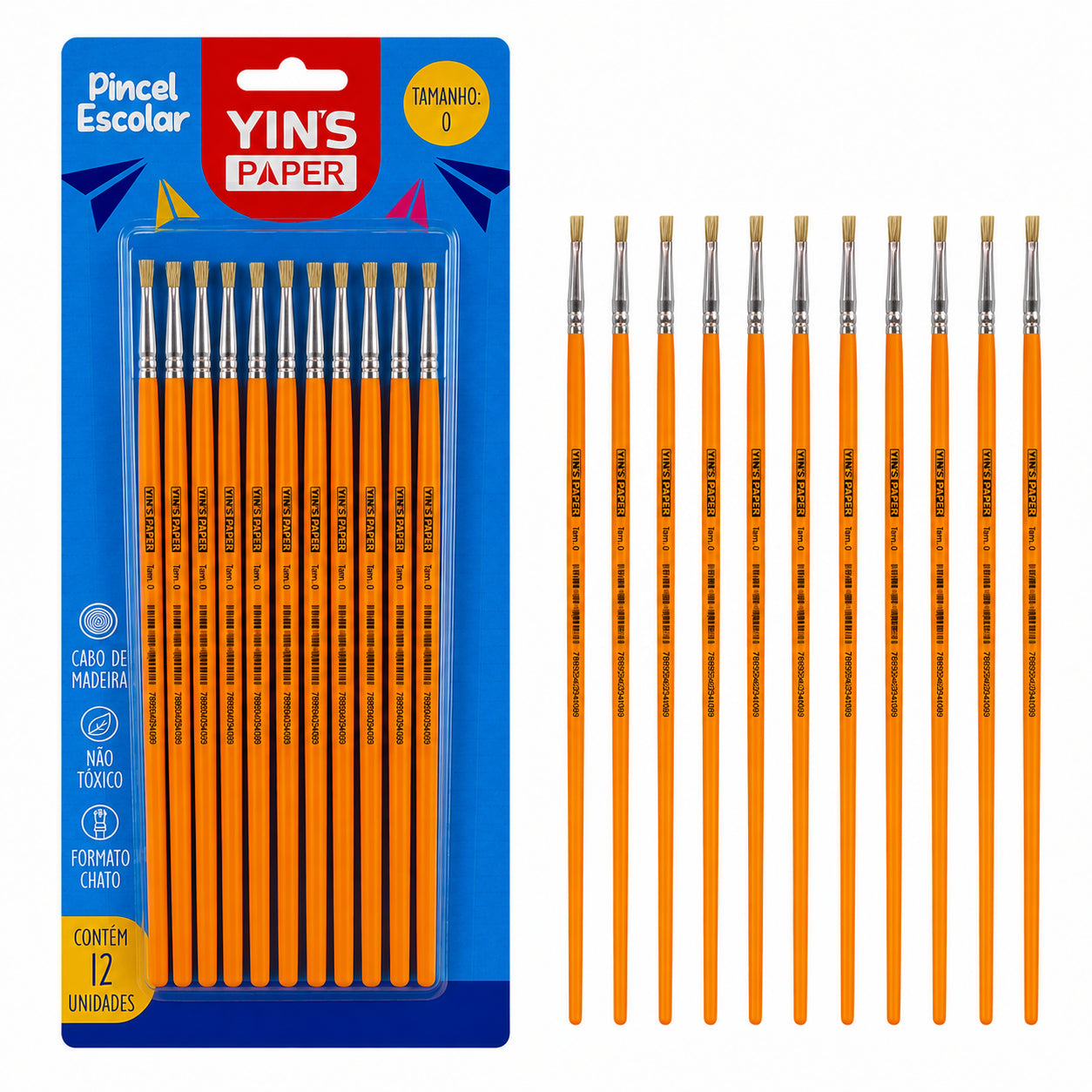 Kit de Pincel Escolar Yins Paper Chato Cerda Natural N.0 com 12 Unid - Laranja
