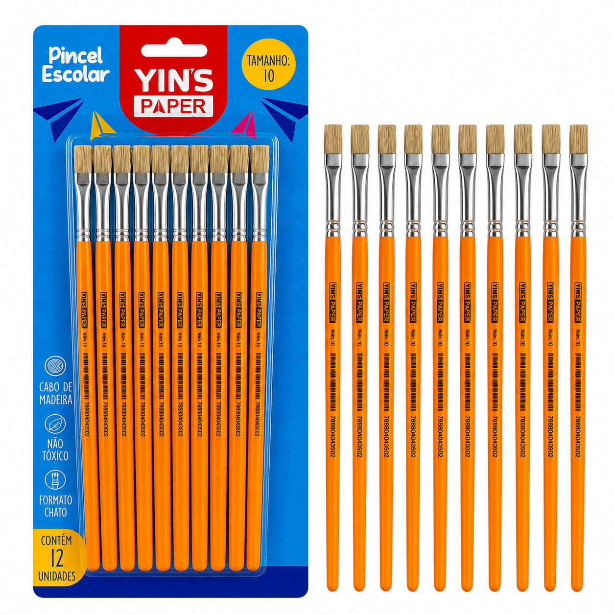 Kit de Pincel Escolar Yins Paper Chato Cerda Natural N.10 com 12 Unid - Laranja