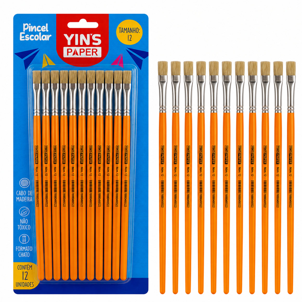 Kit de Pincel Escolar Yins Paper Chato Cerda Natural N.12 com 12 Unid - Laranja