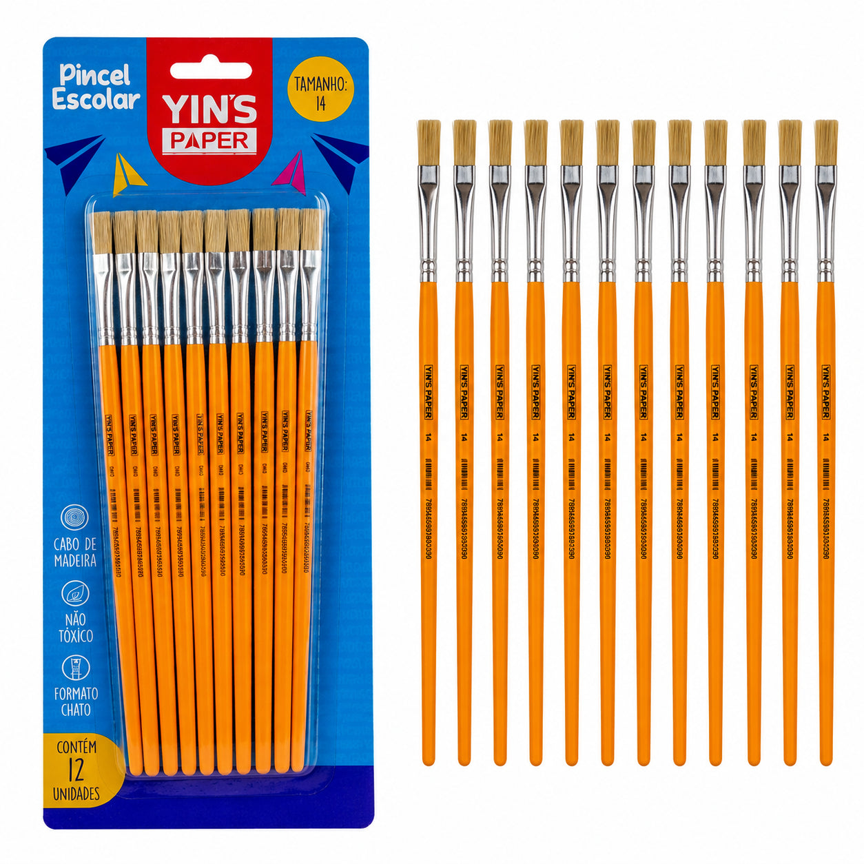 Kit de Pincel Escolar Yins Paper Chato Cerda Natural N.14 com 12 Unid - Laranja