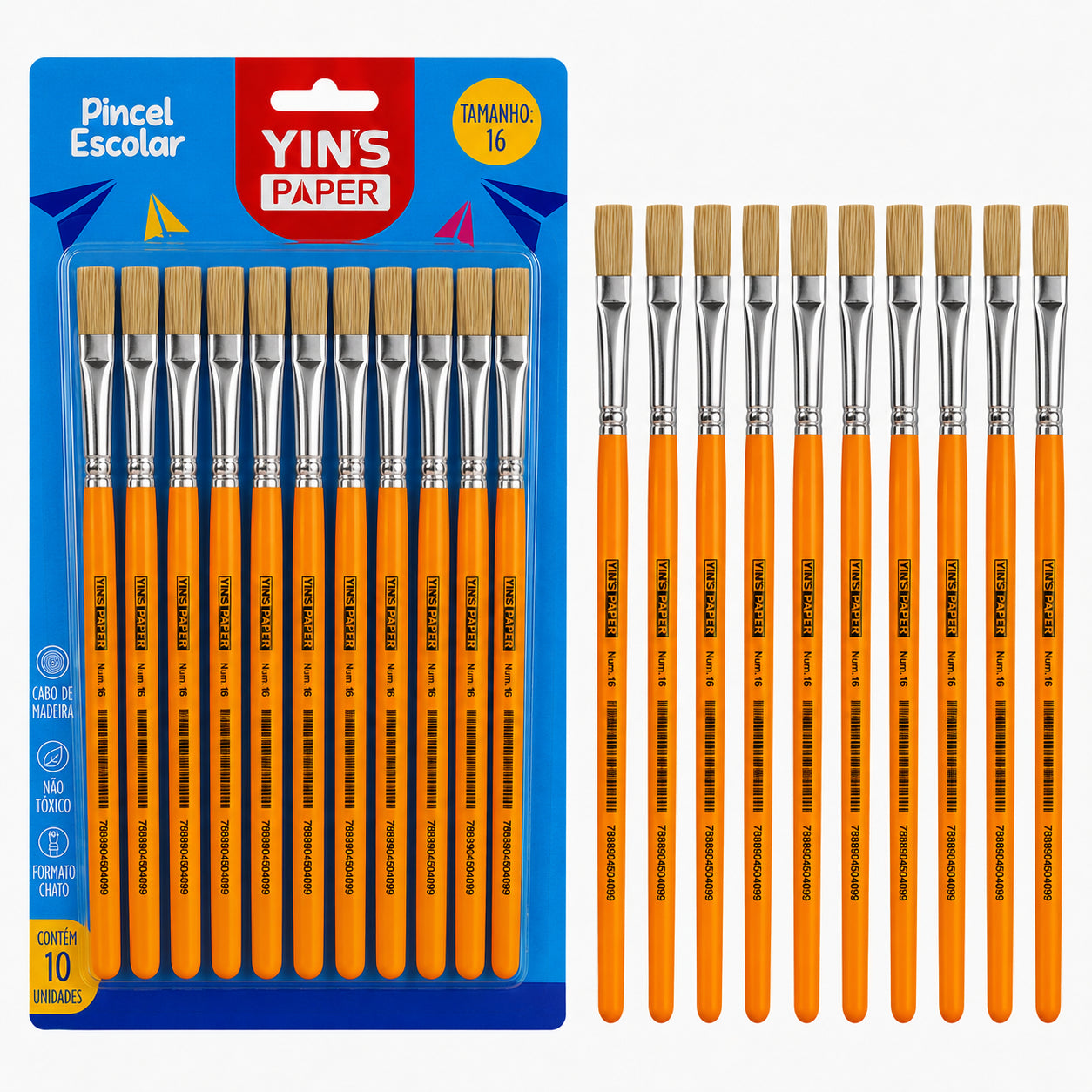 Kit de Pincel Escolar Yins Paper Chato Cerda Natural N.16 com 06 Unid - Laranja