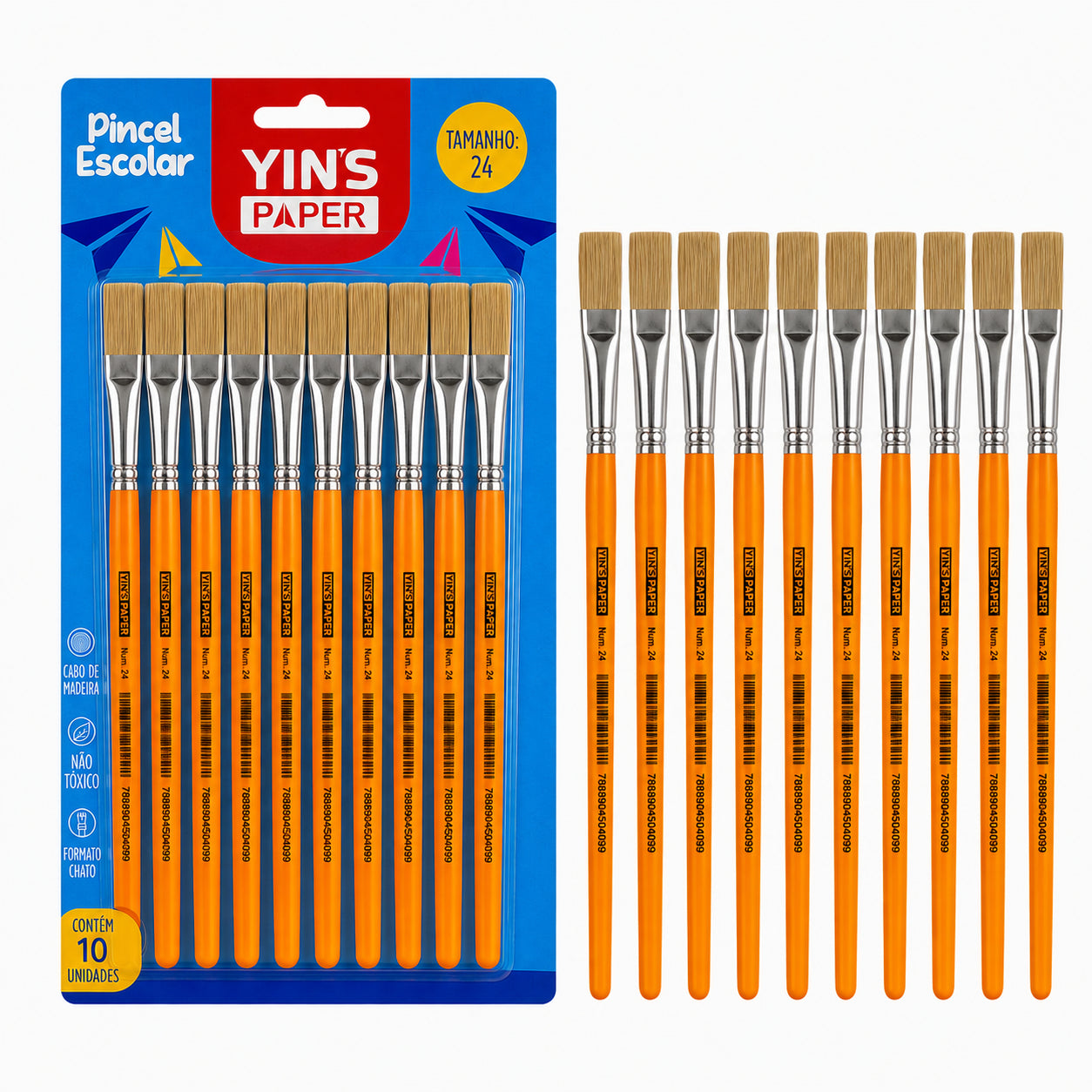 Kit de Pincel Escolar Yins Paper Chato Cerda Natural N.24 com 06 Unid - Laranja