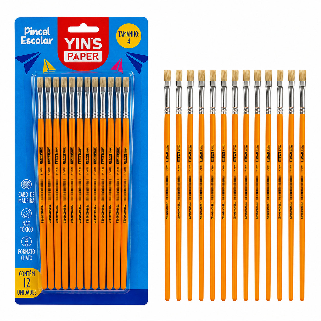 Kit de Pincel Escolar Yins Paper Chato Cerda Natural N.04 com 12 Unid - Laranja