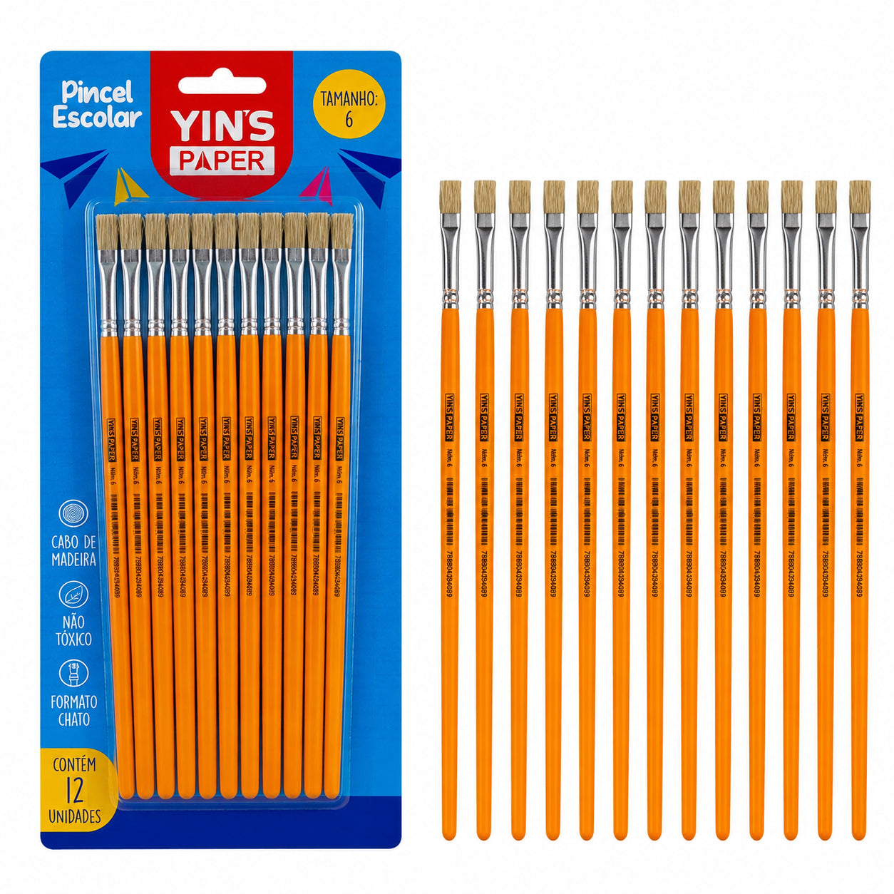 Kit de Pincel Escolar Yins Paper Chato Cerda Natural N.06 com 12 Unid - Laranja