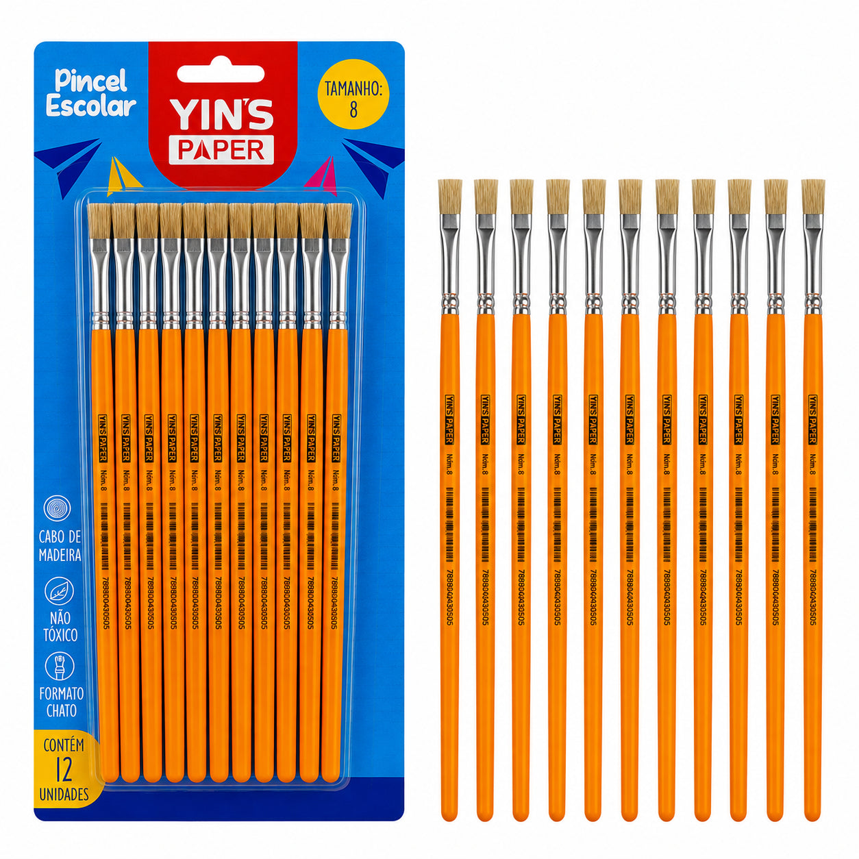Kit de Pincel Escolar Yins Paper Chato Cerda Natural N.08 com 12 Unid - Laranja