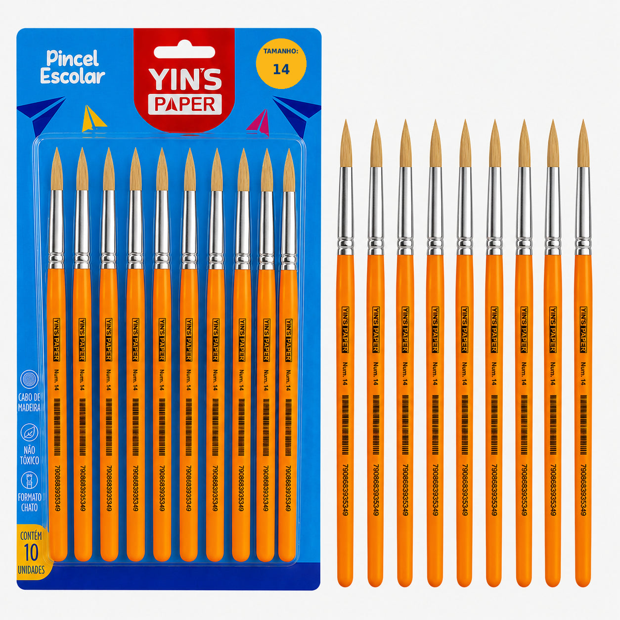 Kit de Pincel Escolar Yins Paper Redondo Cerda Natural N.14 com 12 Unid - Amarelo