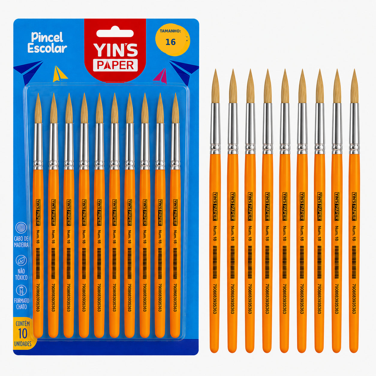 Kit de Pincel Escolar Yins Paper Redondo Cerda Natural N.16 com 12 Unid - Amarelo