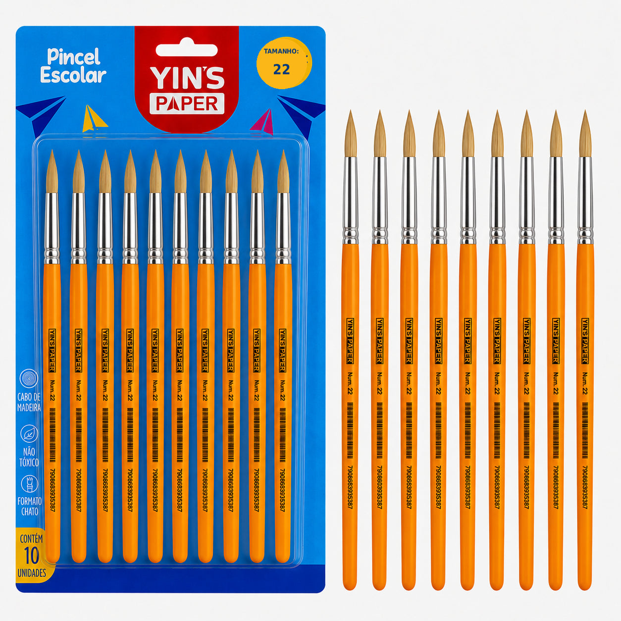 Kit de Pincel Escolar Yins Paper Redondo Cerda Natural N.22 com 12 Unid - Amarelo