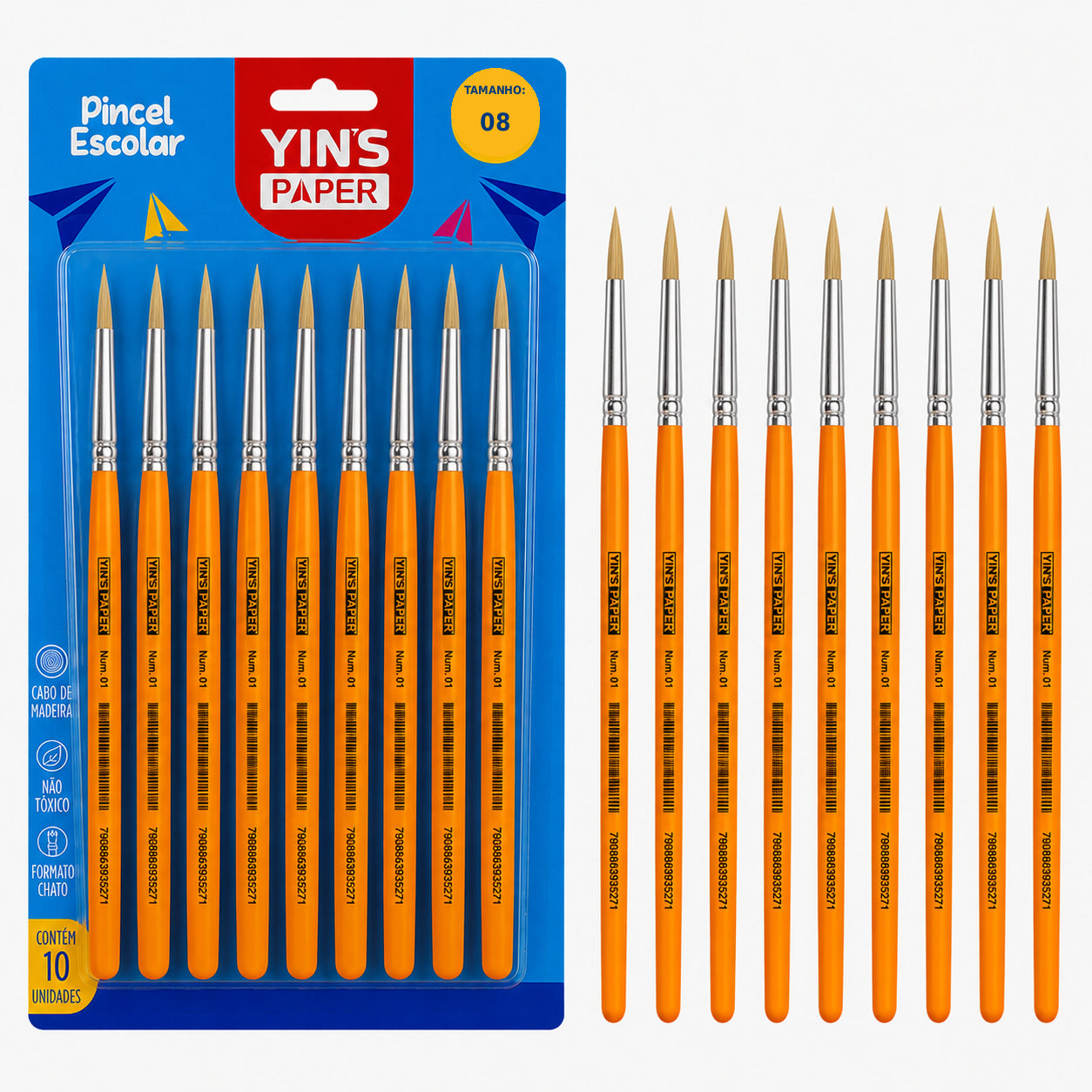 Kit de Pincel Escolar Yins Paper Redondo Cerda Natural N.08 com 12 Unid - Amarelo