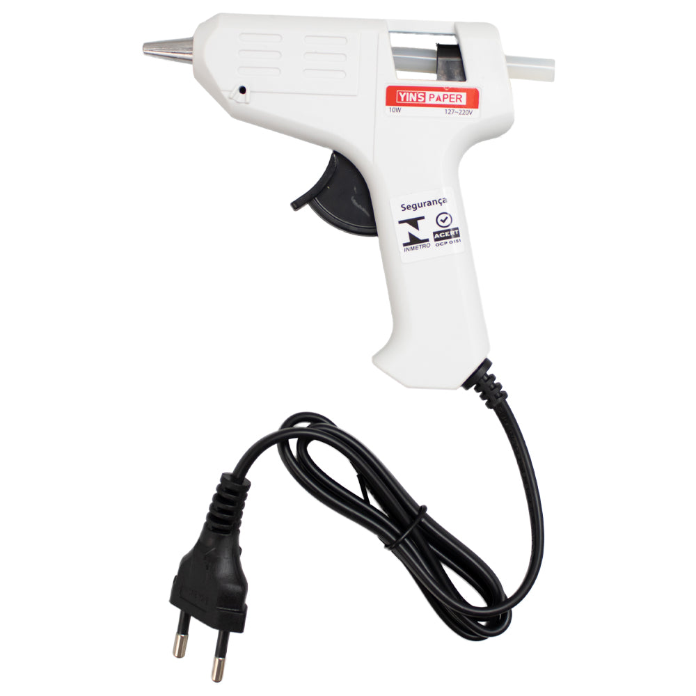 Mini Pistola para Cola Quente Yins Paper 10w com 02 Bastao Bivolt - Branco com Preto