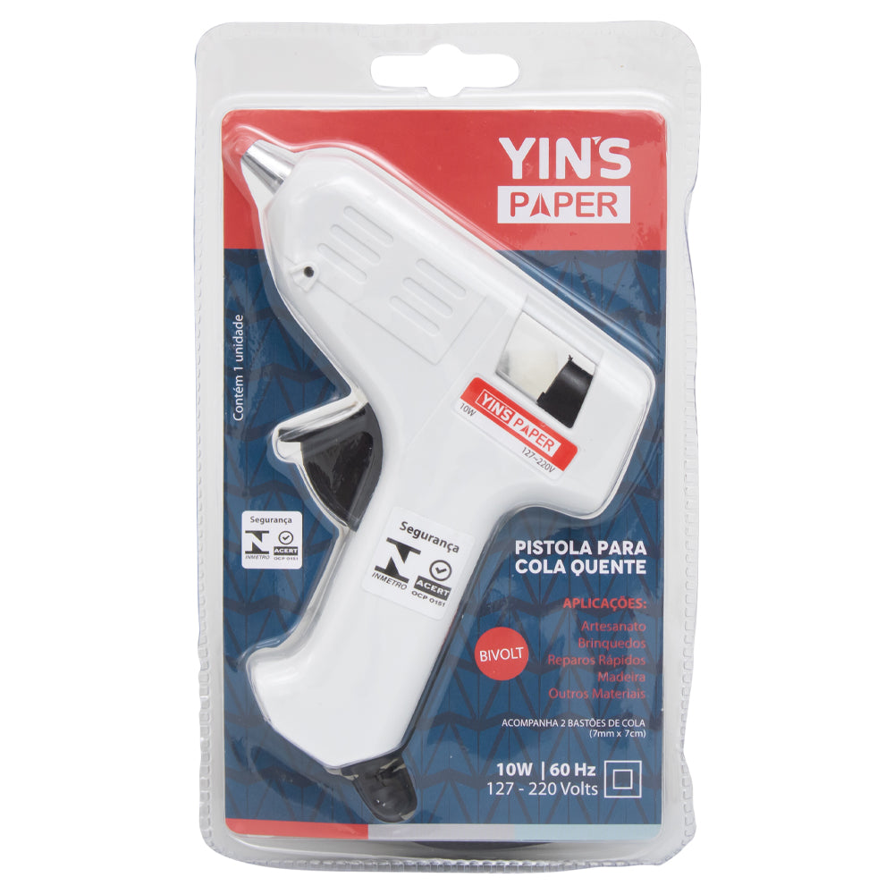 Mini Pistola para Cola Quente Yins Paper 10w com 02 Bastao Bivolt - Branco com Preto