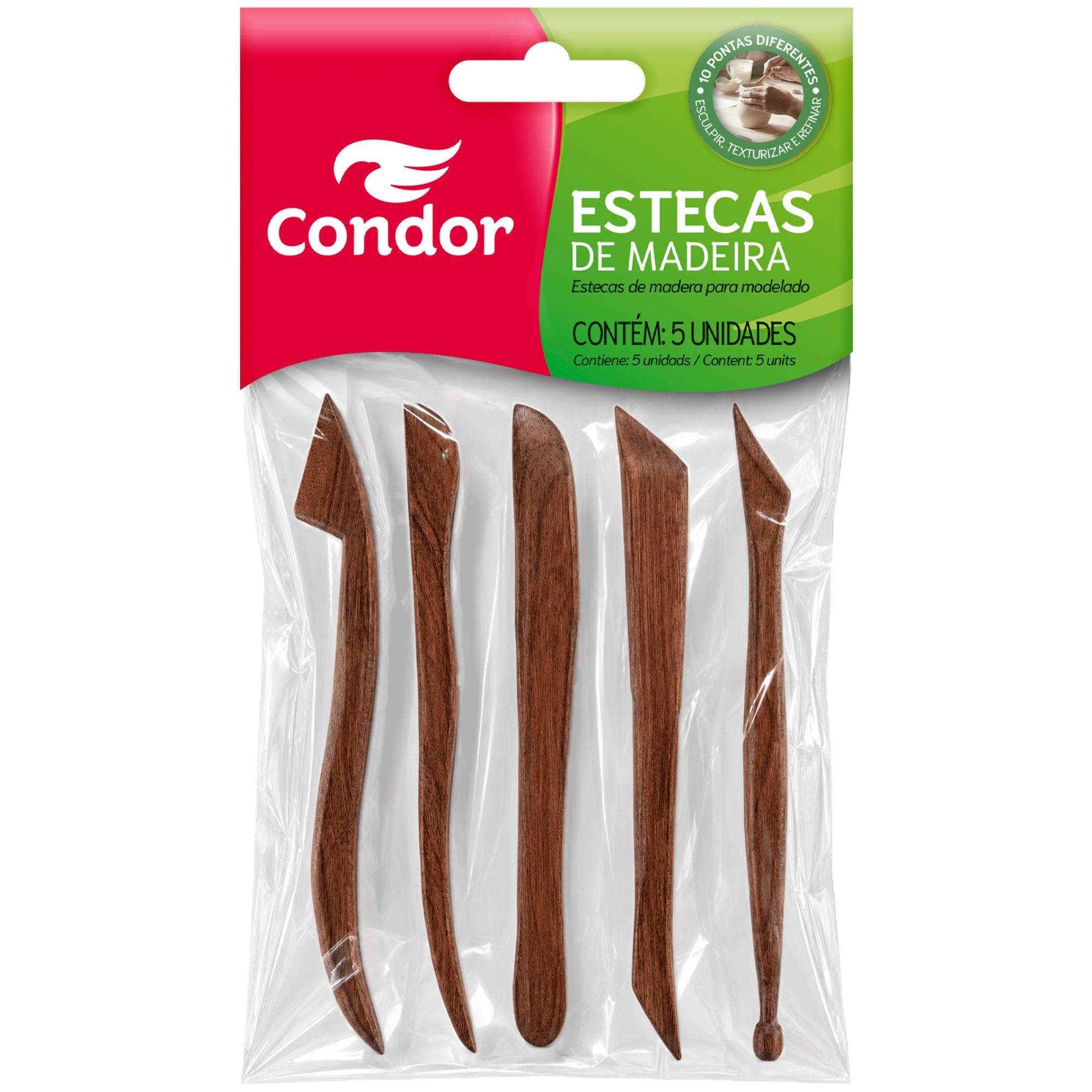 Estecas de Madeira Ponta Dupla 5 Peças para Modelagem Cerâmica e Biscuit - Condor