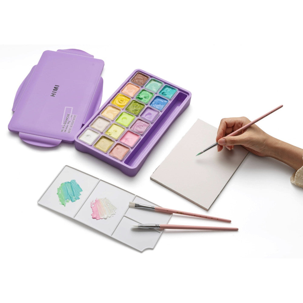 Estojo Roxo de Tinta Guache Profissional em Potes Jelly Cup com 18 Cores de 30g e 3 Pincéis - Himi