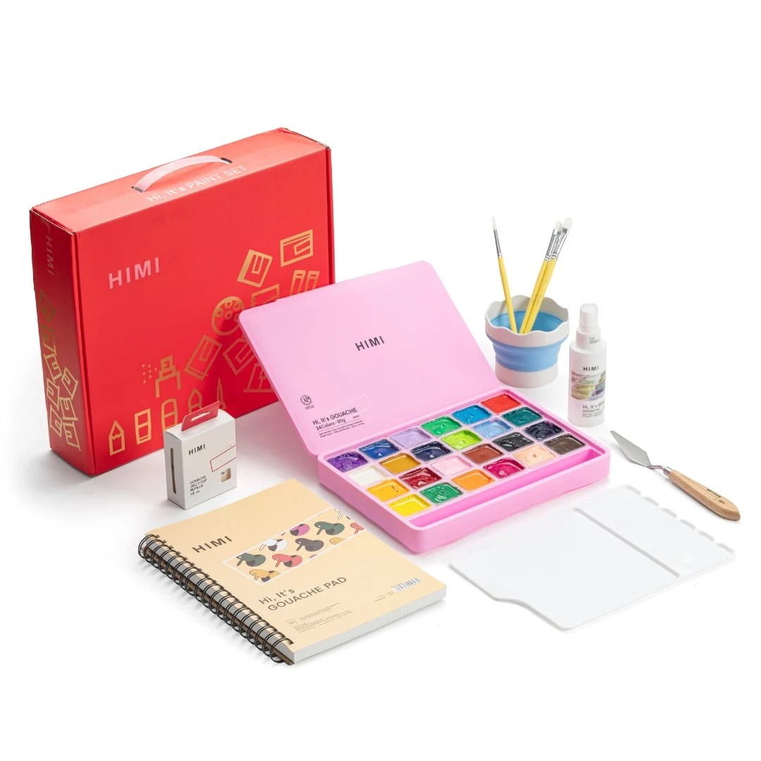 Kit de Tinta Guache Profissional em Potes Jelly Cup com 24 Cores de 30g e 13 Acessórios - Himi