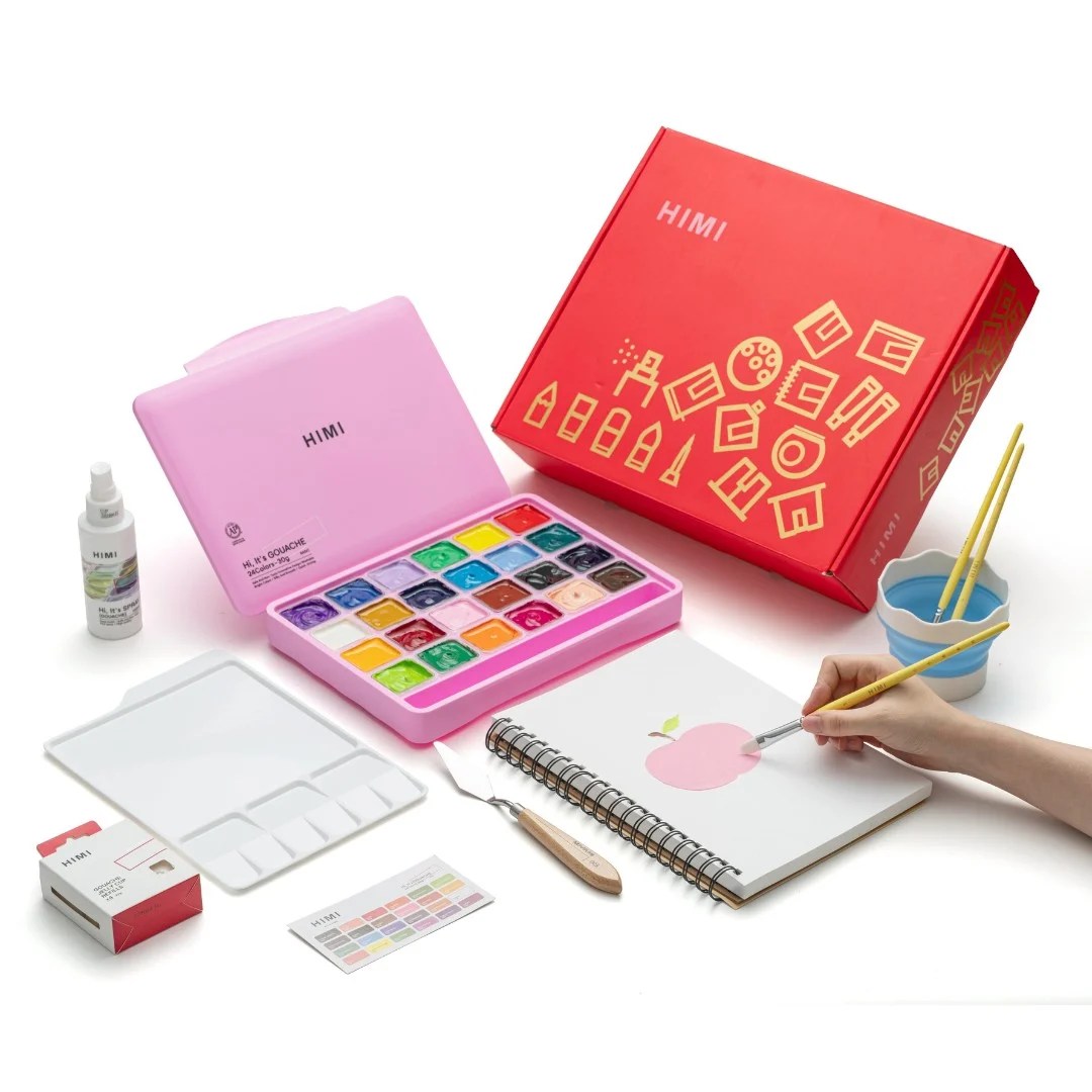 Kit de Tinta Guache Profissional em Potes Jelly Cup com 24 Cores de 30g e 13 Acessórios - Himi