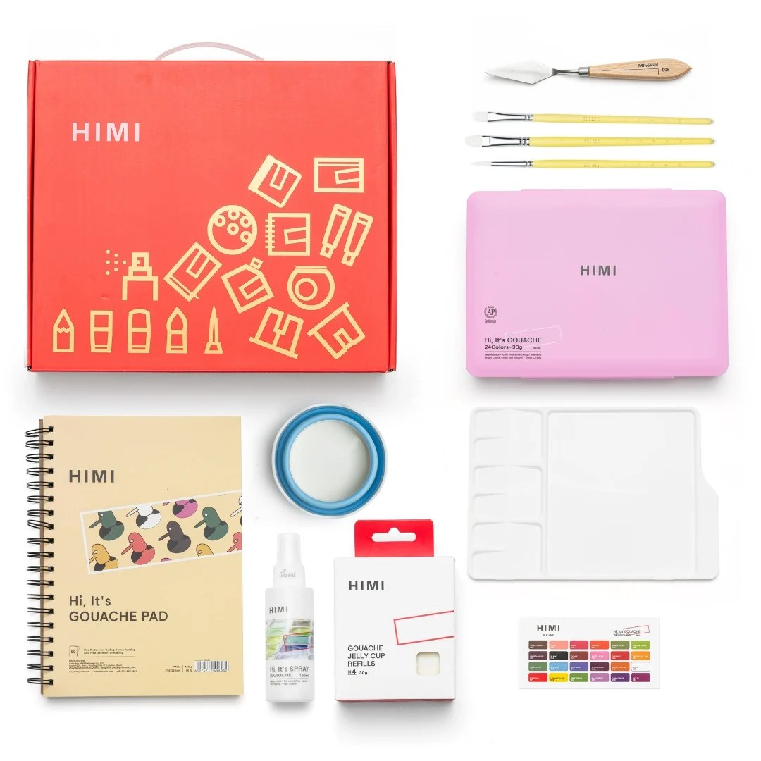Kit de Tinta Guache Profissional em Potes Jelly Cup com 24 Cores de 30g e 13 Acessórios - Himi