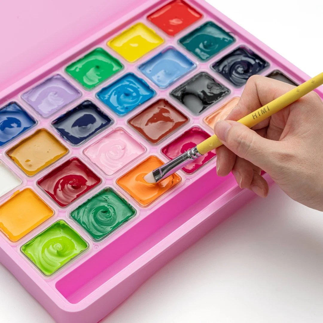 Kit de Tinta Guache Profissional em Potes Jelly Cup com 24 Cores de 30g e 13 Acessórios - Himi