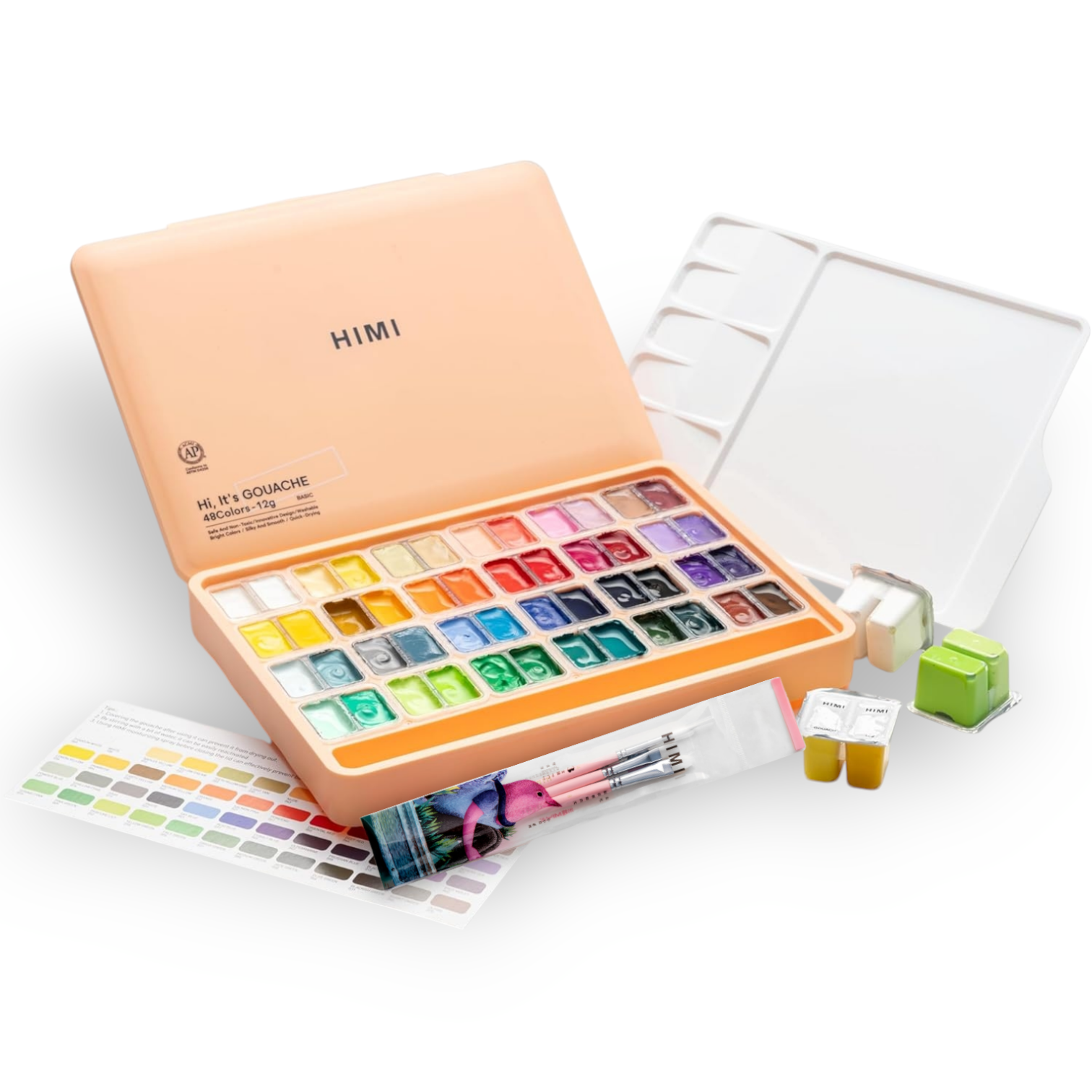Estojo Pêssego de Tinta Guache Profissional em Potes Twin Cup com 48 Cores de 12g e 3 Pincéis - Himi