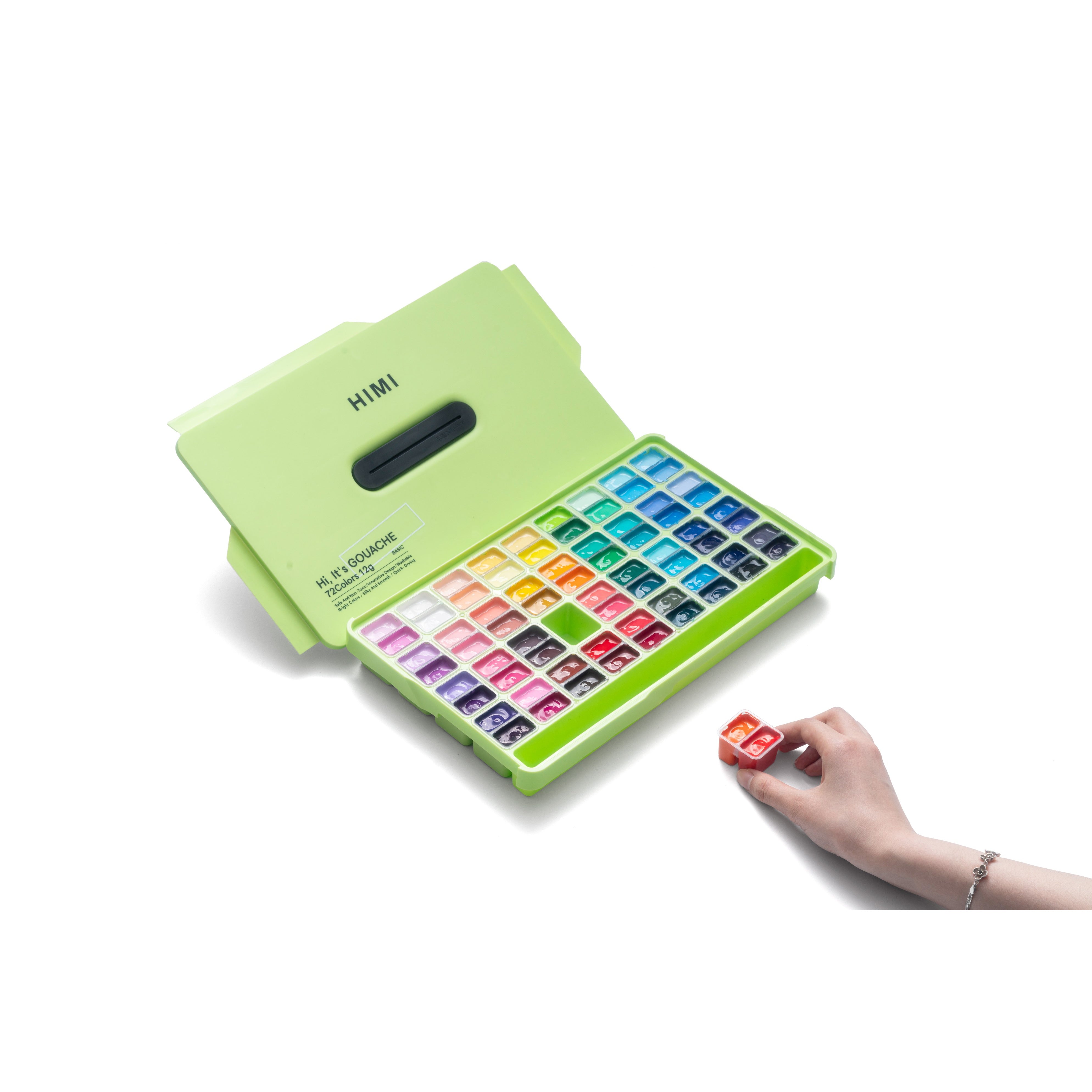 Estojo Verde de Tinta Guache Profissional em Potes Twin Cup com 72 Cores de 12g - Himi