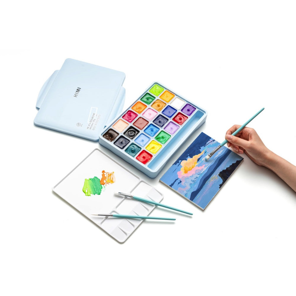 Estojo Azul de Tinta Guache Profissional em Potes Jelly Cup com 24 Cores de 30g, 3 Pincéis e Paleta - Himi