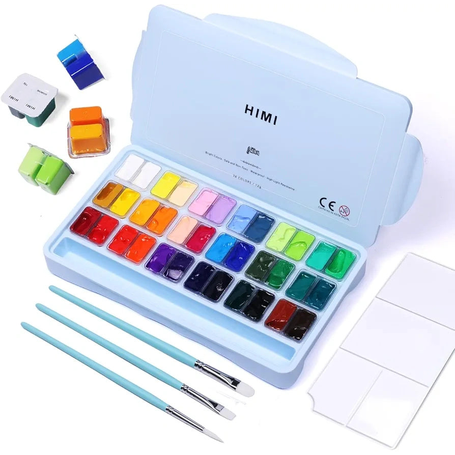 Estojo Roxo de Tinta Guache Profissional em Potes Twin Cup com 36 Cores de 12g e 3 Pincéis - Himi