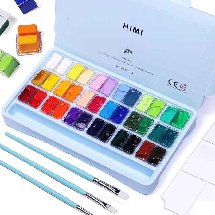 Estojo Roxo de Tinta Guache Profissional em Potes Twin Cup com 36 Cores de 12g e 3 Pincéis - Himi