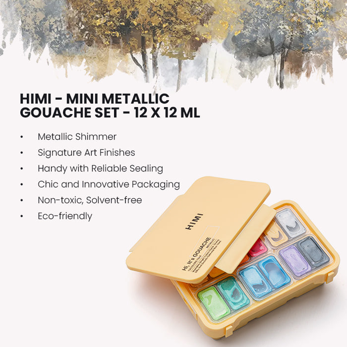 Estojo Amarelo de Tinta Guache Metálica Profissional com 12 Cores de 12ml - Himi