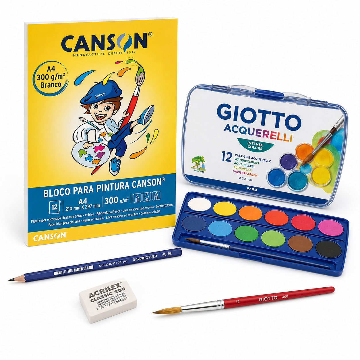 Kit Escolar para Pintura em Aquarela com Tinta, Papel e Acessórios