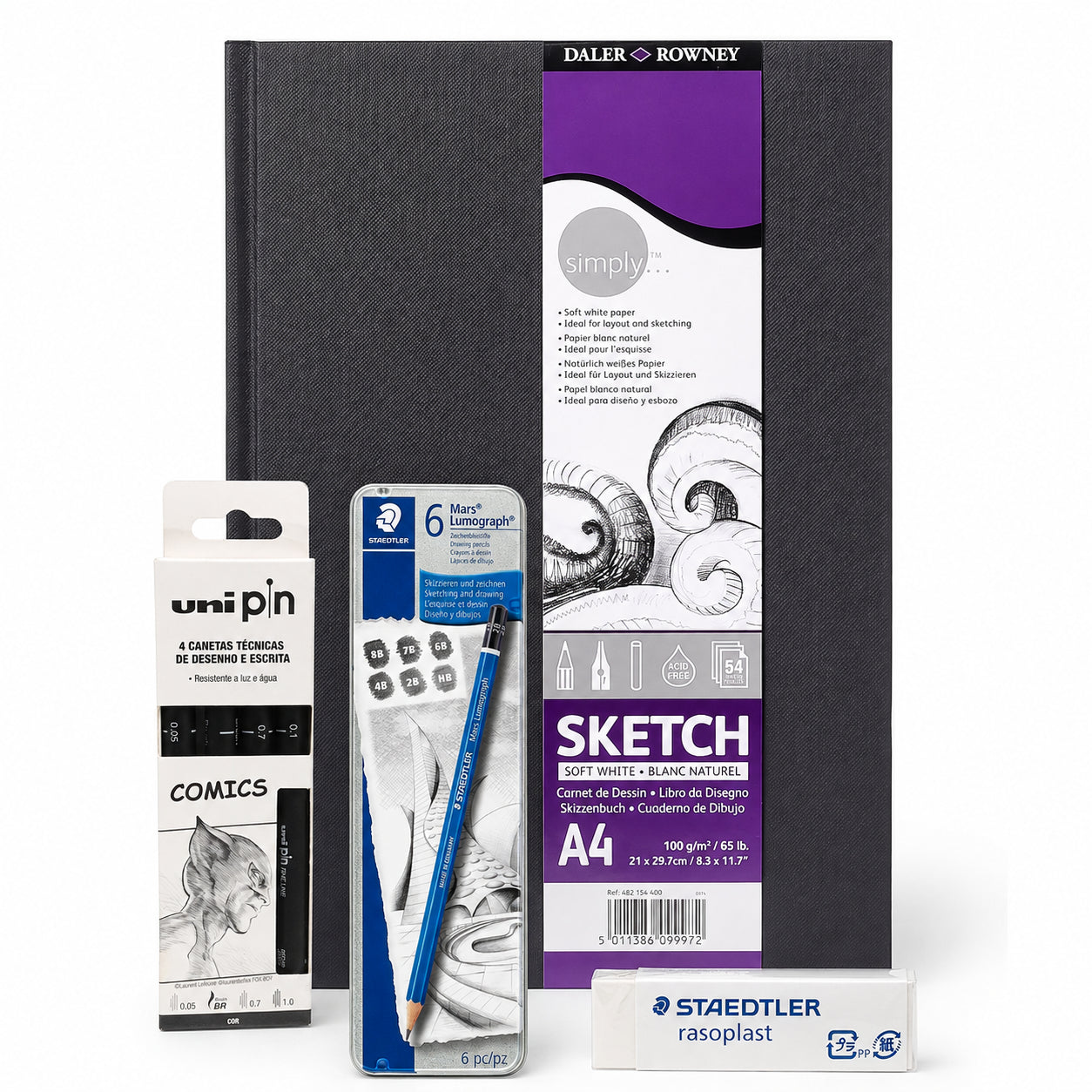 Kit para Desenho com Lápis Grafite, Canetas Técnicas e Sketchbook A4