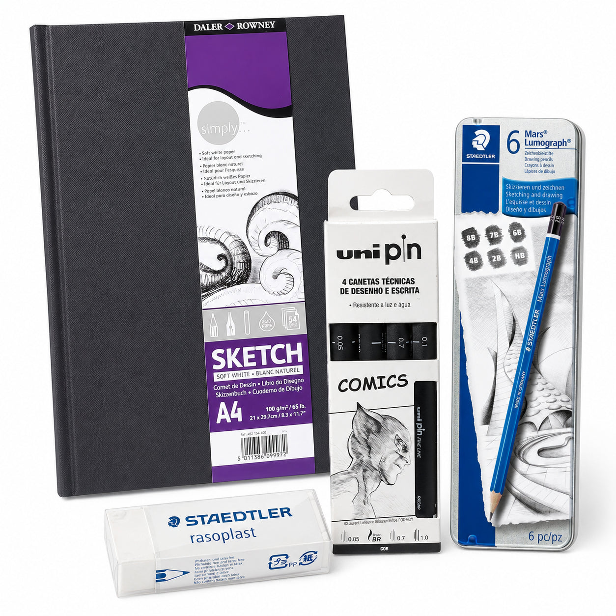 Kit para Desenho com Lápis Grafite, Canetas Técnicas e Sketchbook A4