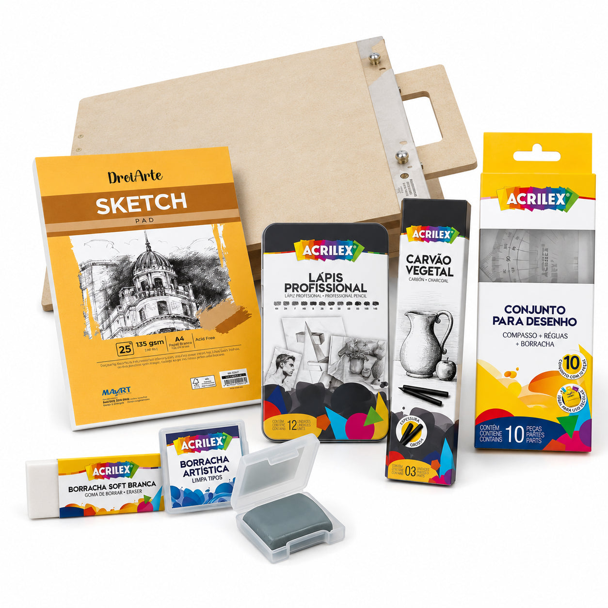 Kit para Desenho com Lápis, Carvão, Prancheta e Acessórios