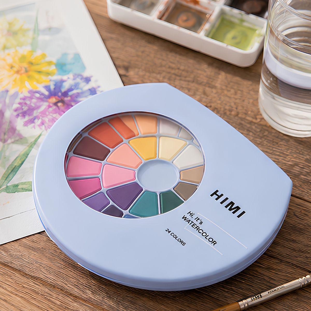 Estojo Aquarela Sólida com 24 Cores e Pincel Azul Yfb01 - Himi
