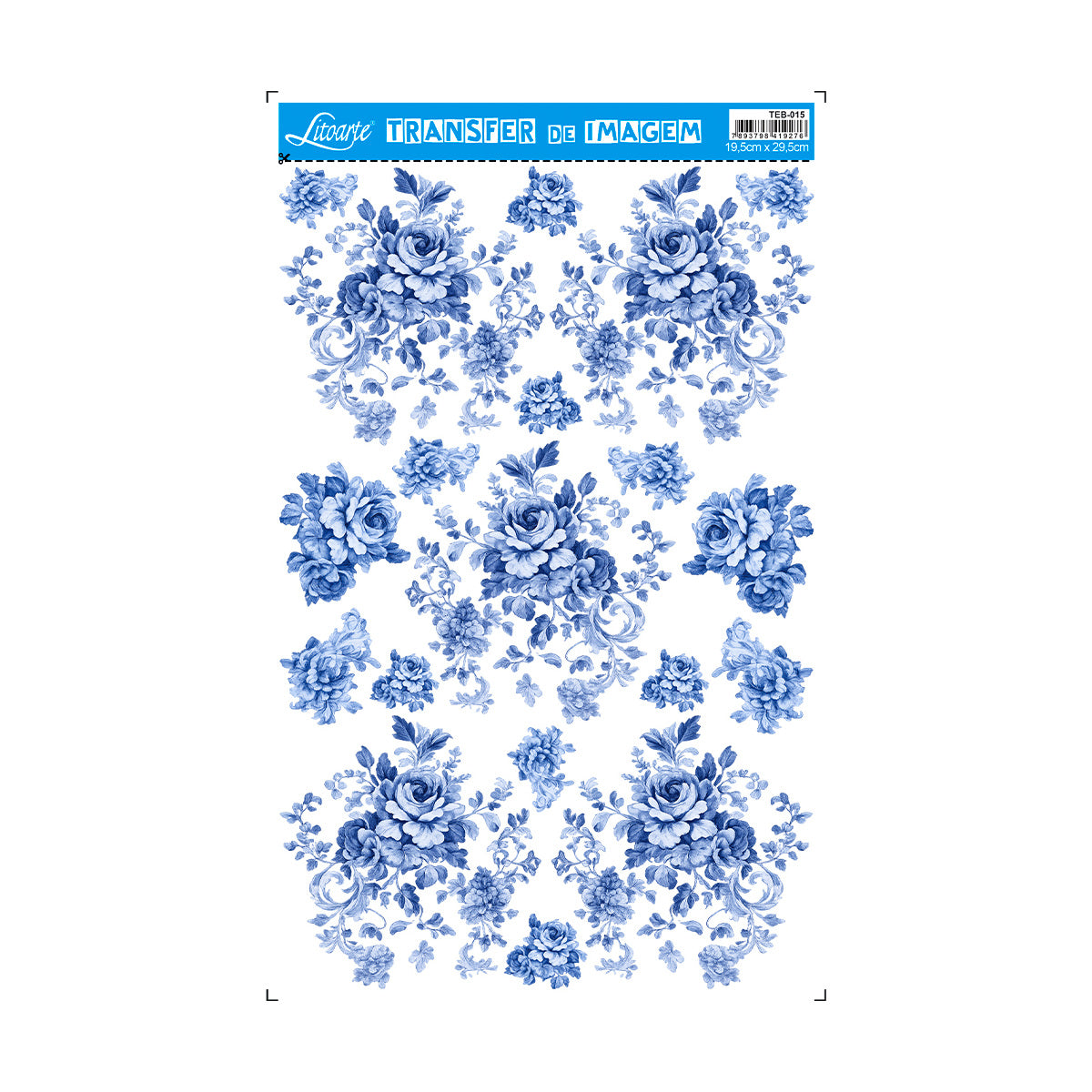 Transfer Espelhado Big Flores Azuis 19,5x29,5cm para Artesanato e Decoração Teb-015 - Litoarte