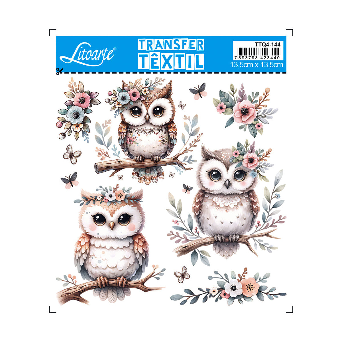 Transfer Têxtil Quadrado Coruja 13,5x13,5cm para Customização e Artesanato em Tecido Ttq4-144 - Litoarte