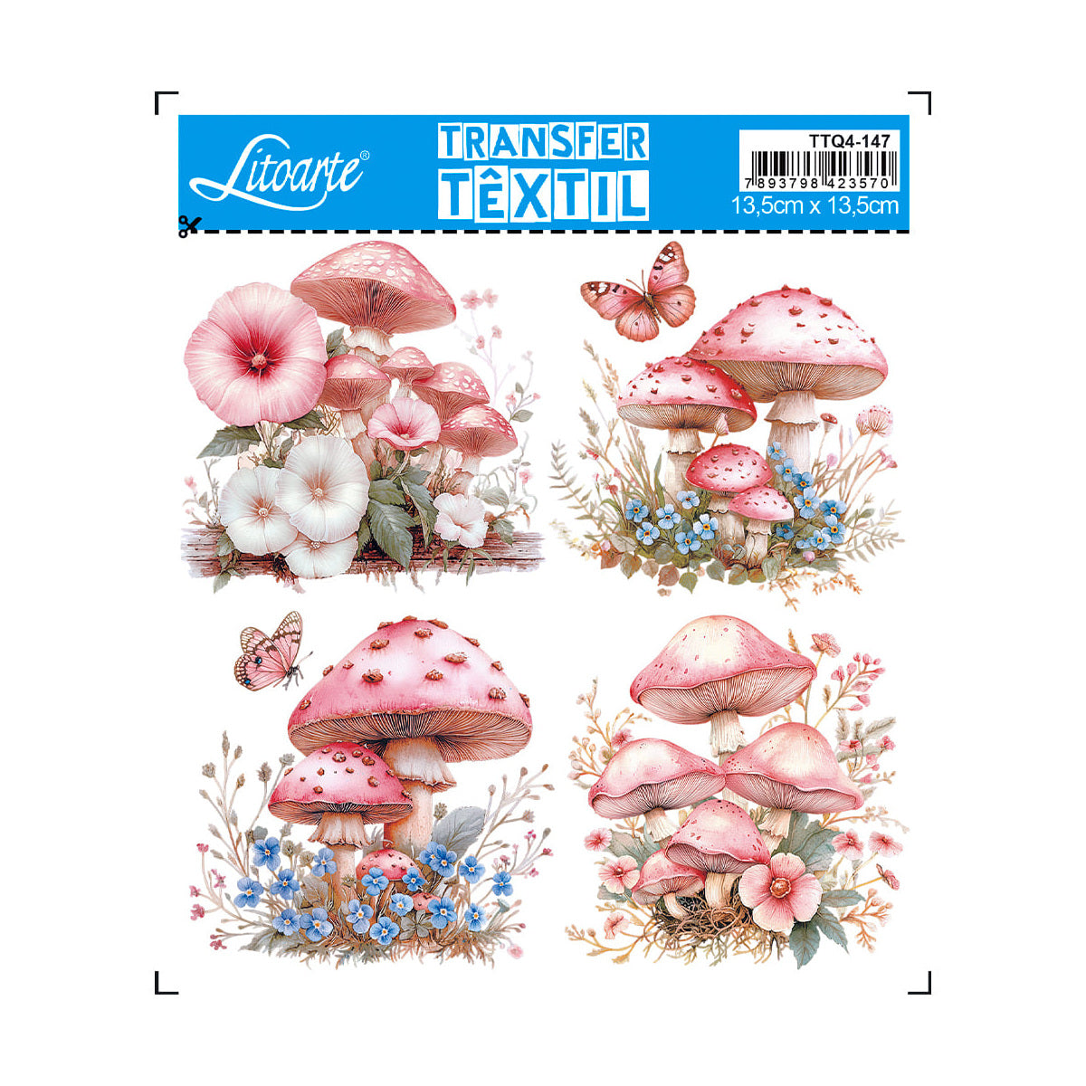 Transfer Têxtil Quadrado Cogumelo 13,5x13,5cm para Customização e Artesanato em Tecido Ttq4-147 - Litoarte
