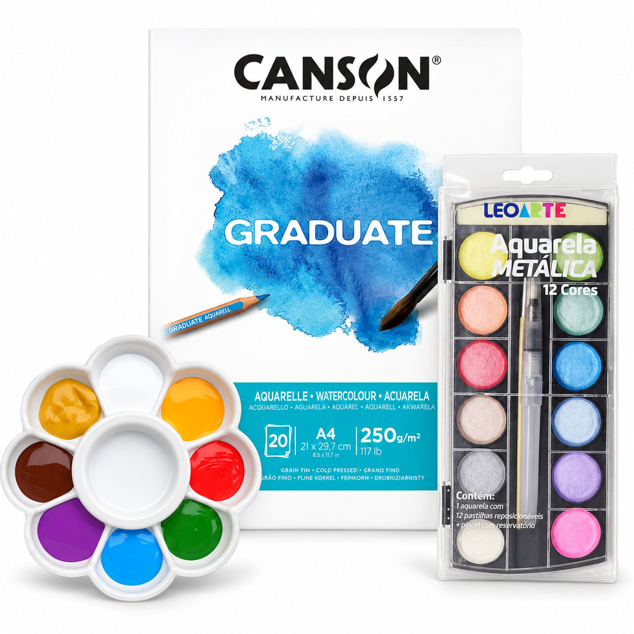 Kit Aquarela Metálica Leoarte 12 Cores Canson A4 250g e Godê Condor