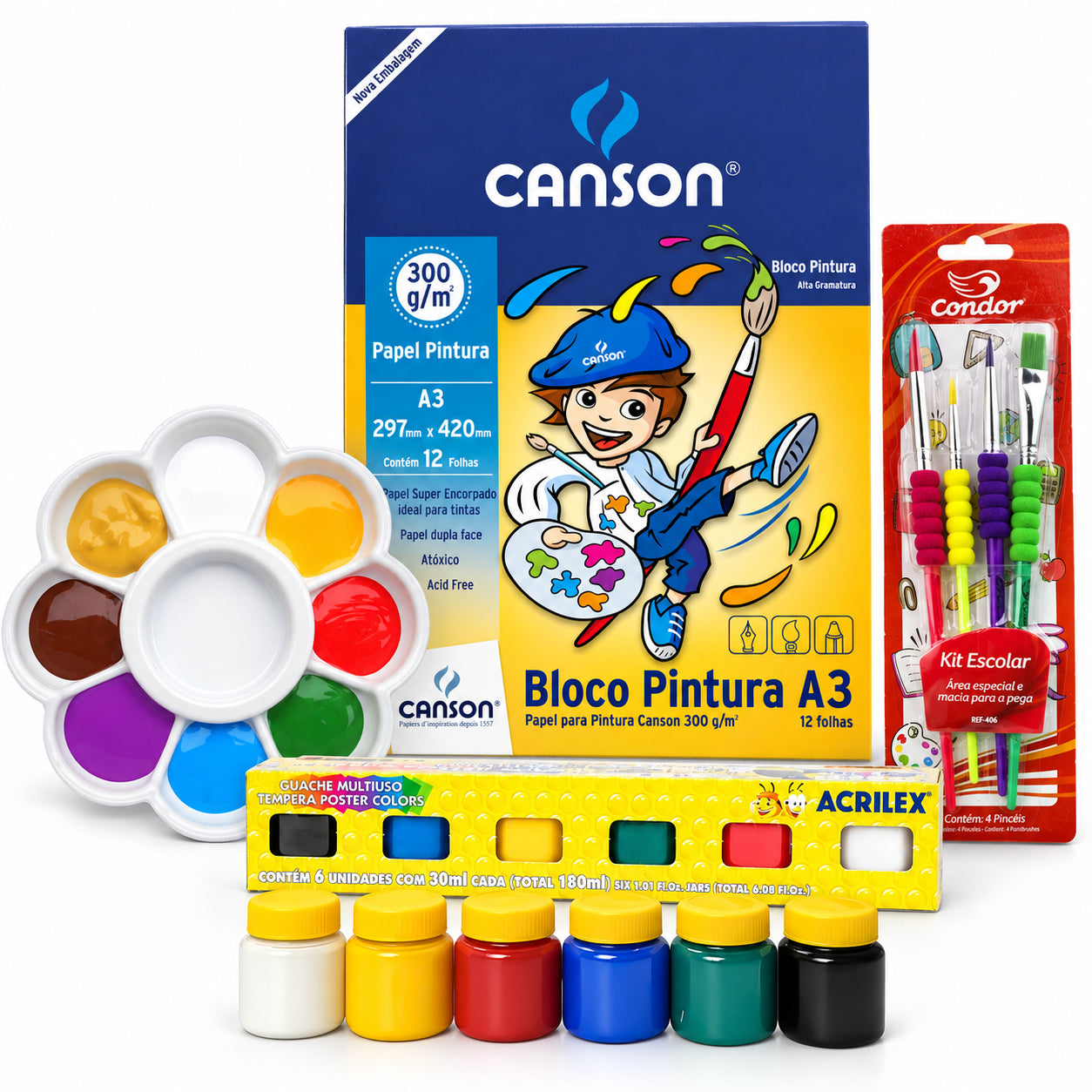 Kit Pintura Escolar Canson A3 Guache Acrilex 4 Pincéis e Godê Condor