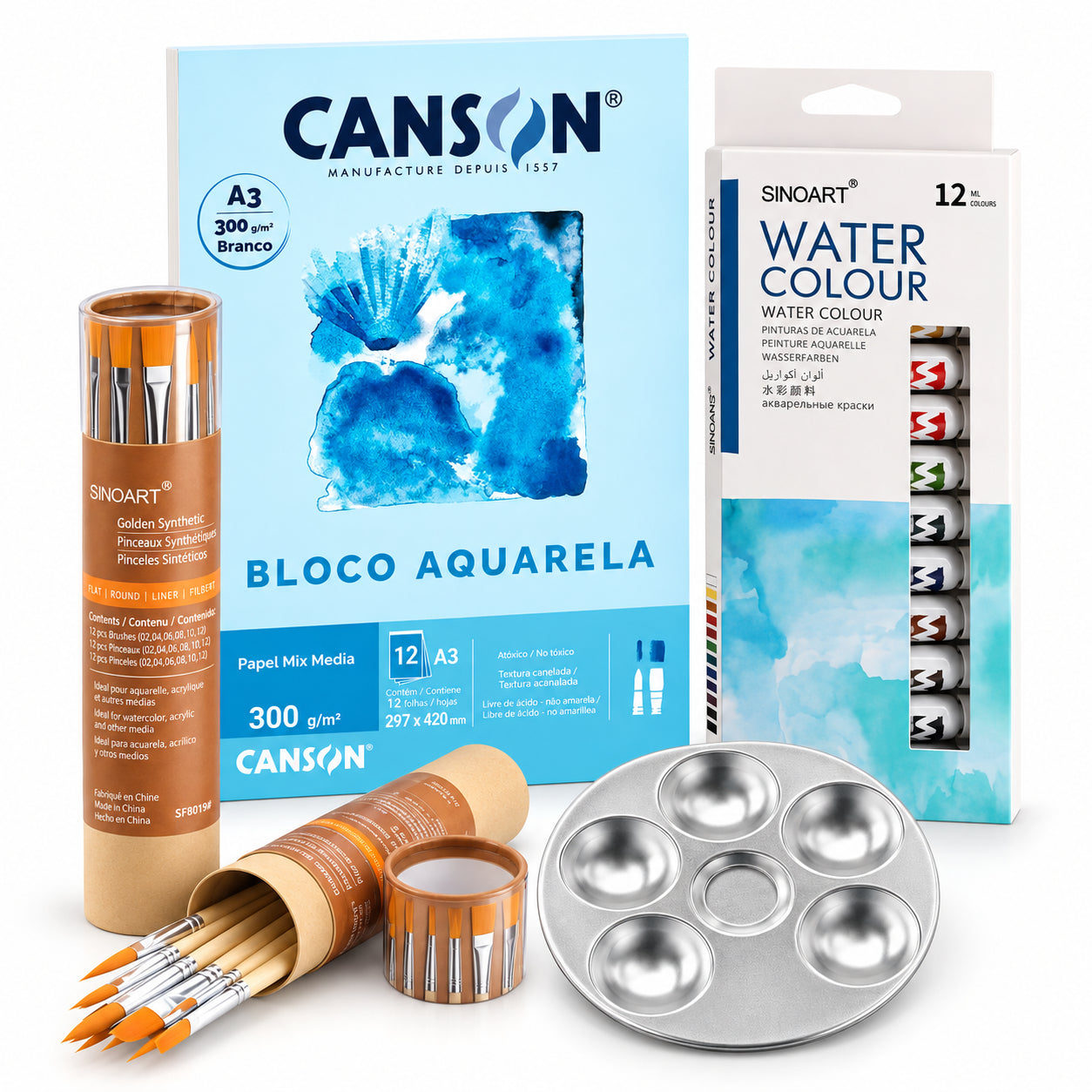 Kit Aquarela Sinoart 12 Cores Canson A3 12 Pincéis e Godê