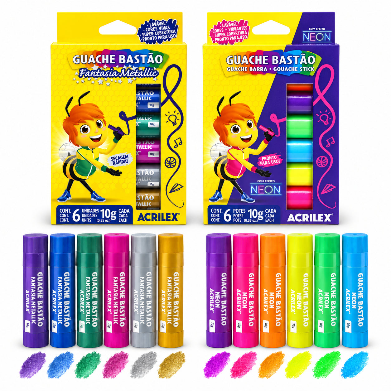 Kit Guache Bastão Acrilex 12 Cores 10g Neon e Metálicas