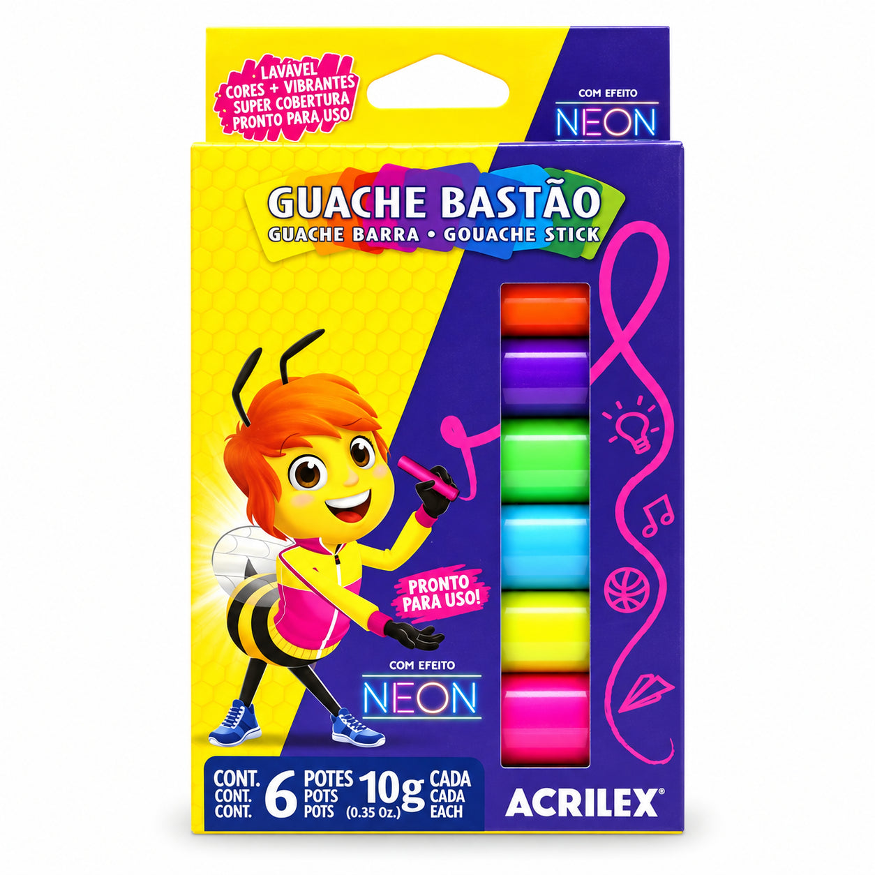 Kit Guache Bastão Acrilex 12 Cores 10g Neon e Metálicas