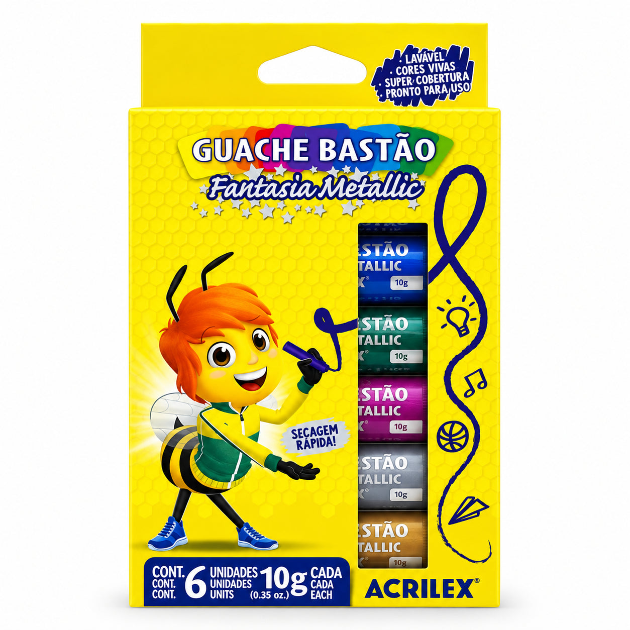 Kit Guache Bastão Acrilex 12 Cores 10g Neon e Metálicas